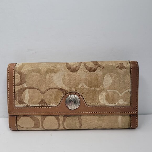 Coach Signature Beige & Brown Leather Bifold Wallet - Picture 1 of 10